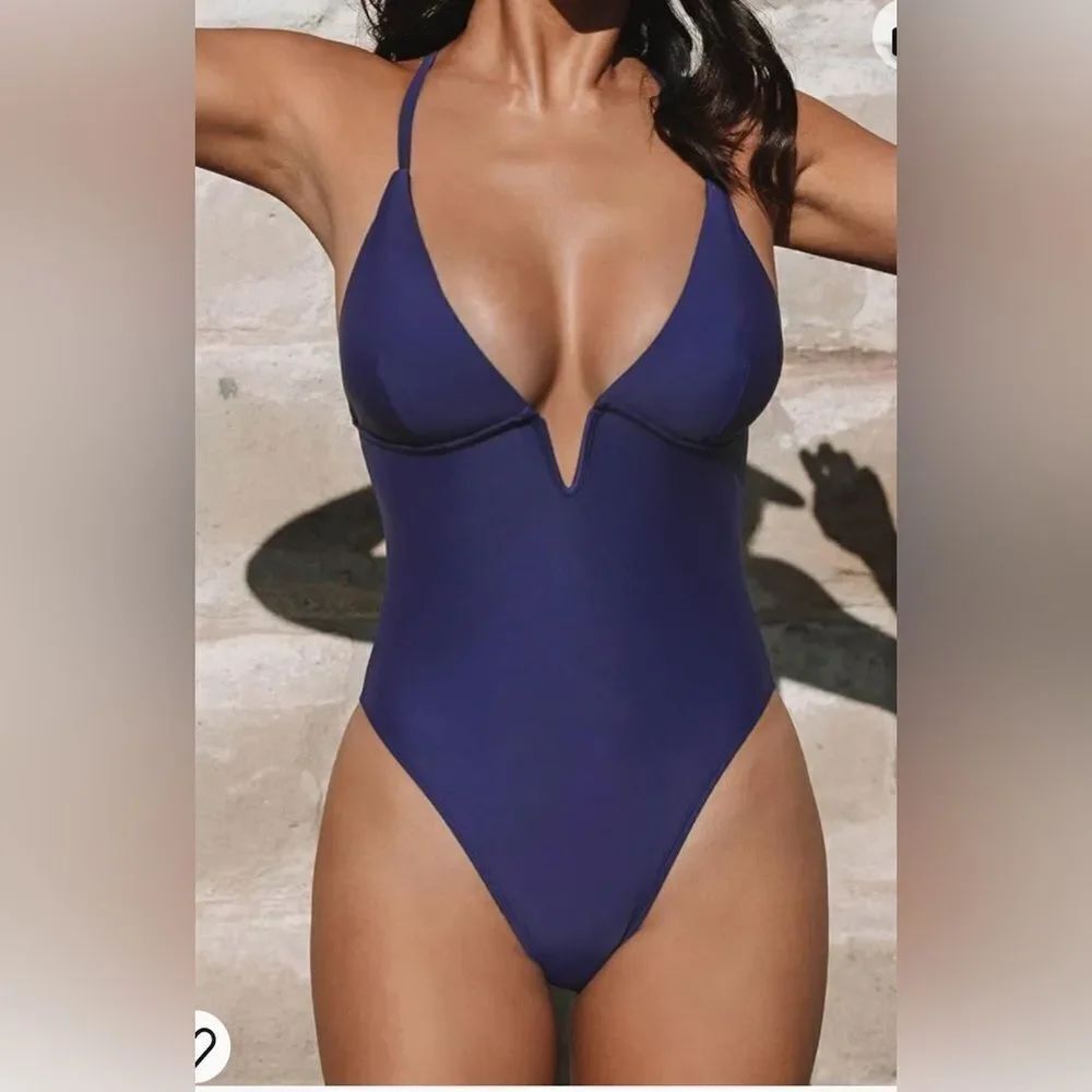 Cupshe Deep V-Wire Navy Blue one Piece swimsuit sz XL summer dreaming